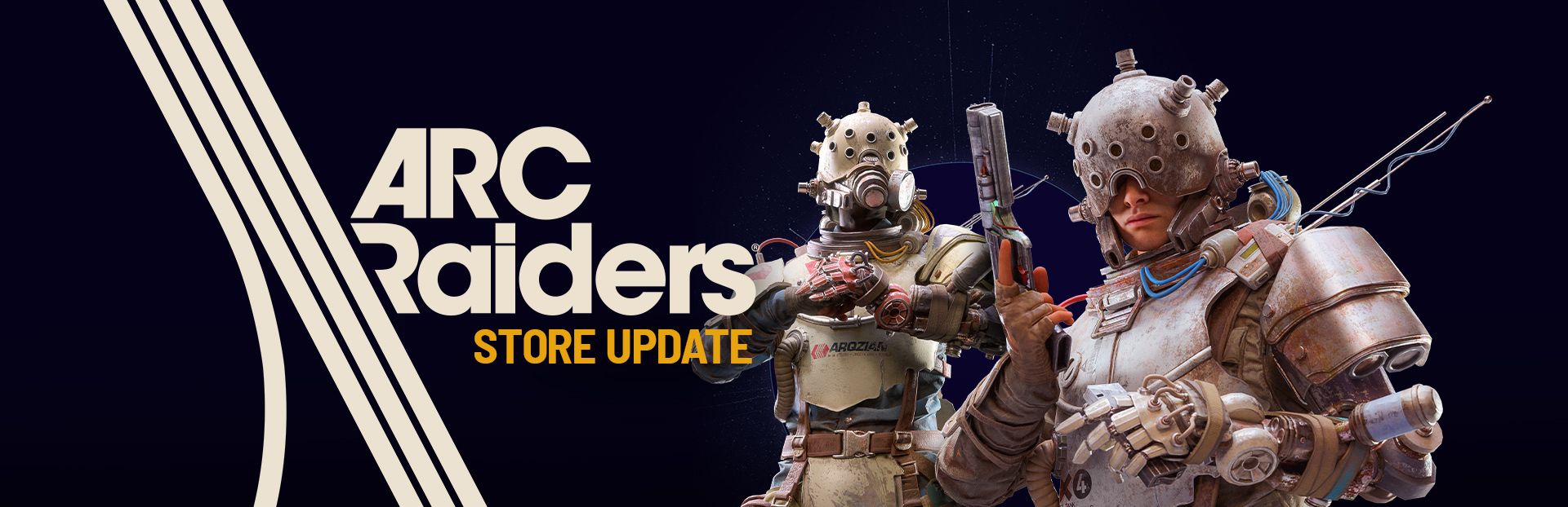 Store update 2.2.0 banner with two armored raiders on a ridge