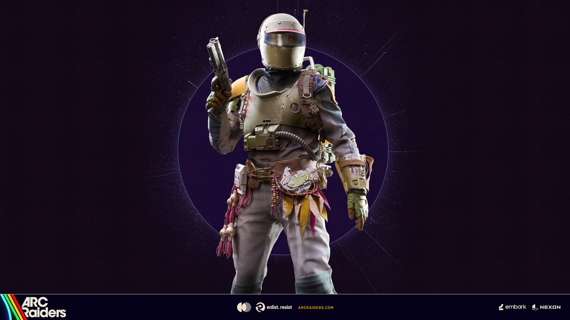 Raider portrait with a purple ring and retro helmet