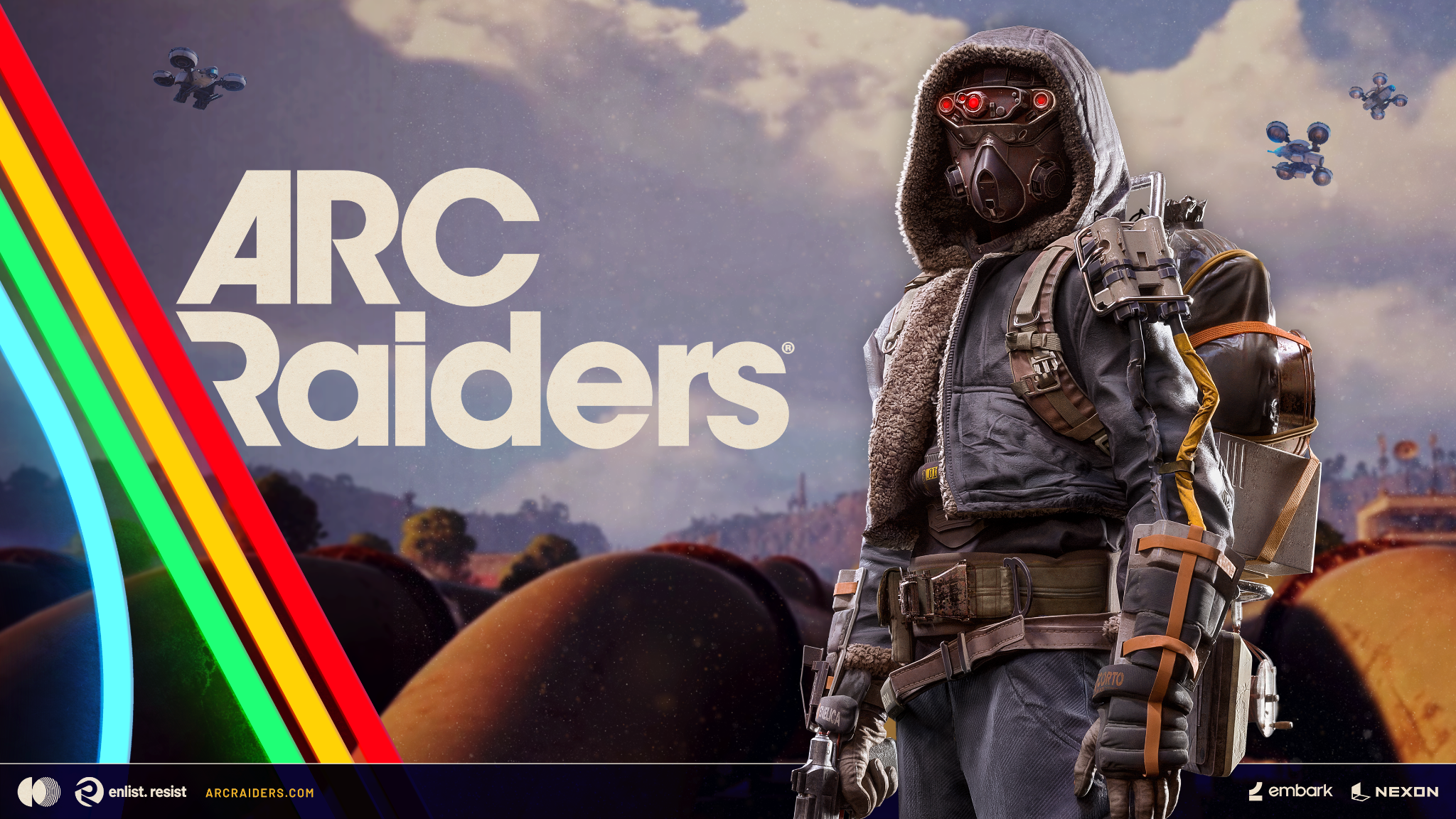 Brand key visual with the wordmark, a hooded raider and a drone