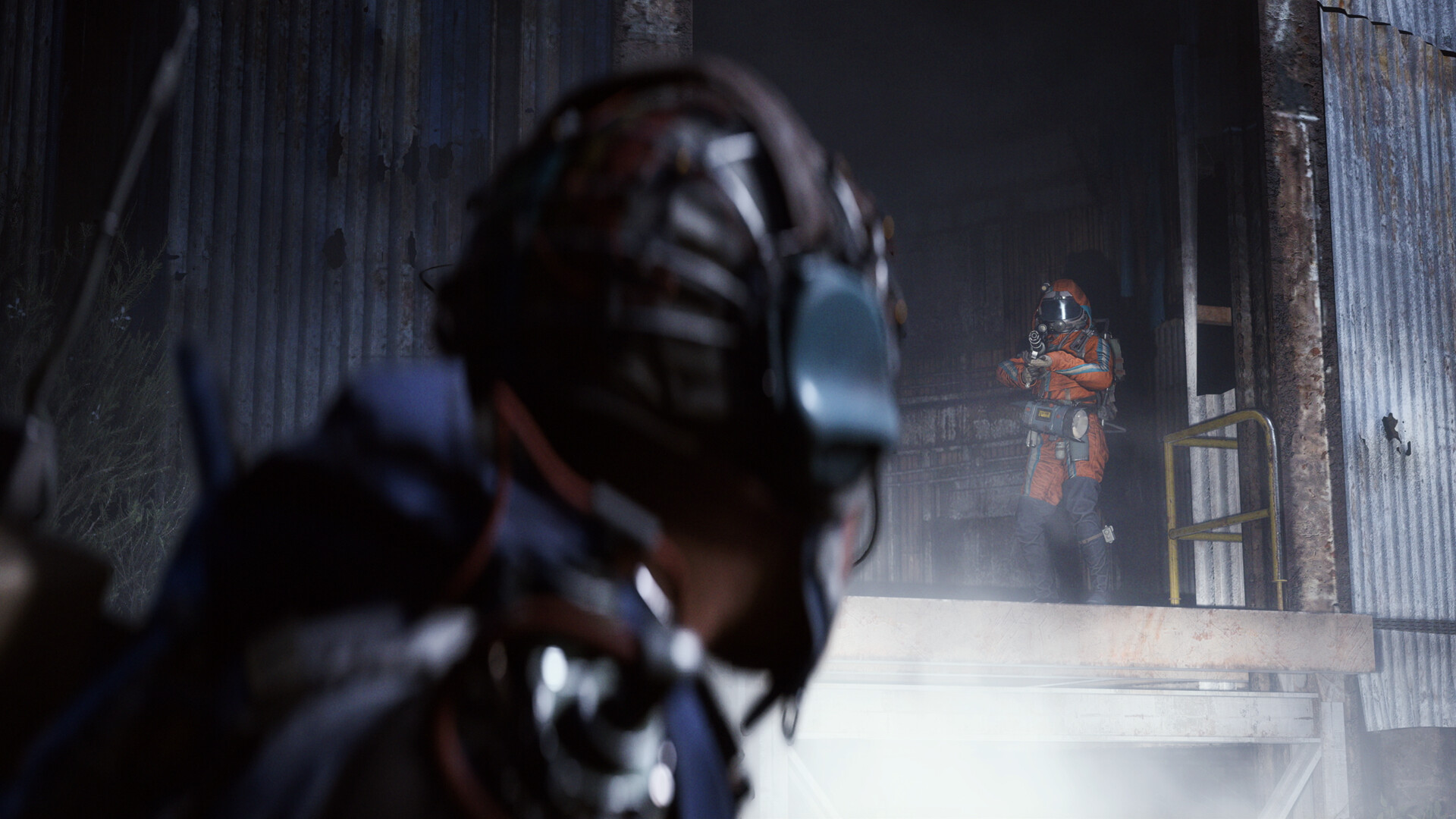 Over-the-shoulder firefight against an orange ARC drone