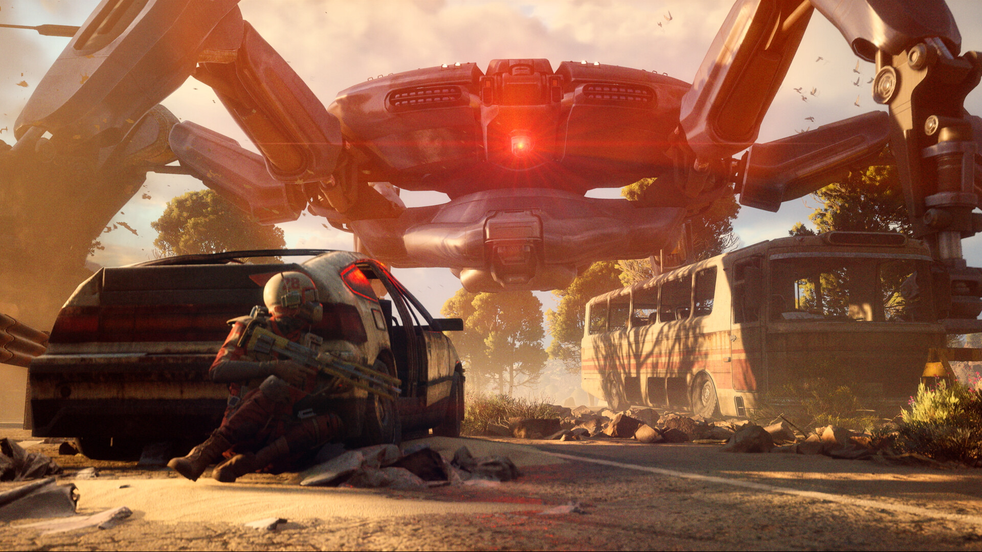 Giant multi-legged ARC machine straddling a road